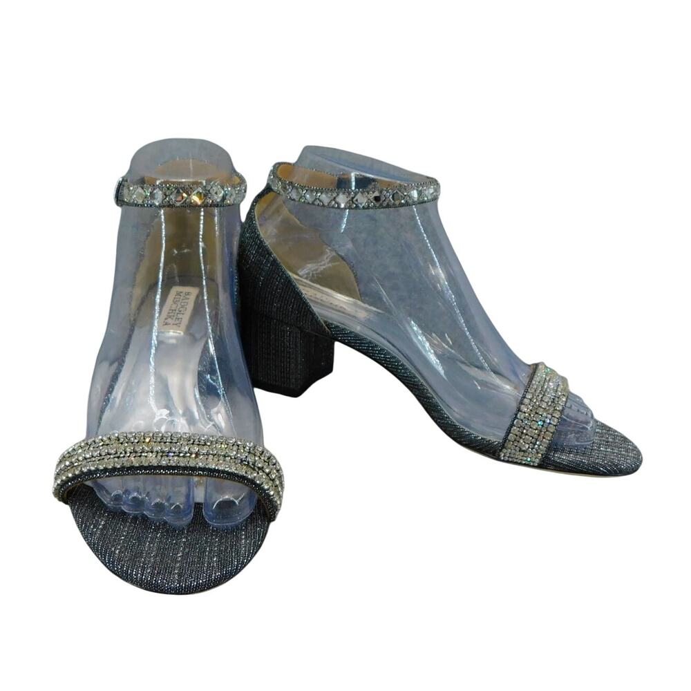 Badgley Mischka Womens Shoes Jeweled Strapped Pewter Open Toe Block Heel Size 7 - Picture 4 of 11
